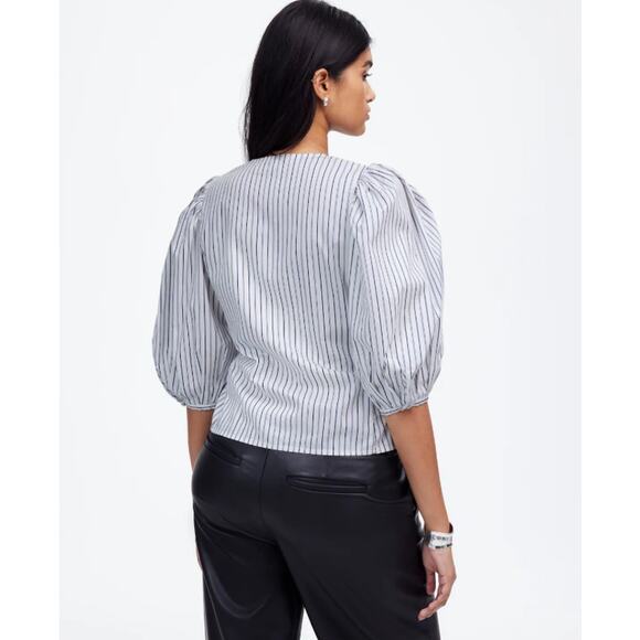 Madewell Puff-Sleeve Button-Up Top WMNS 6 Blue White Striped Crew Neck Oversized - Picture 2 of 9